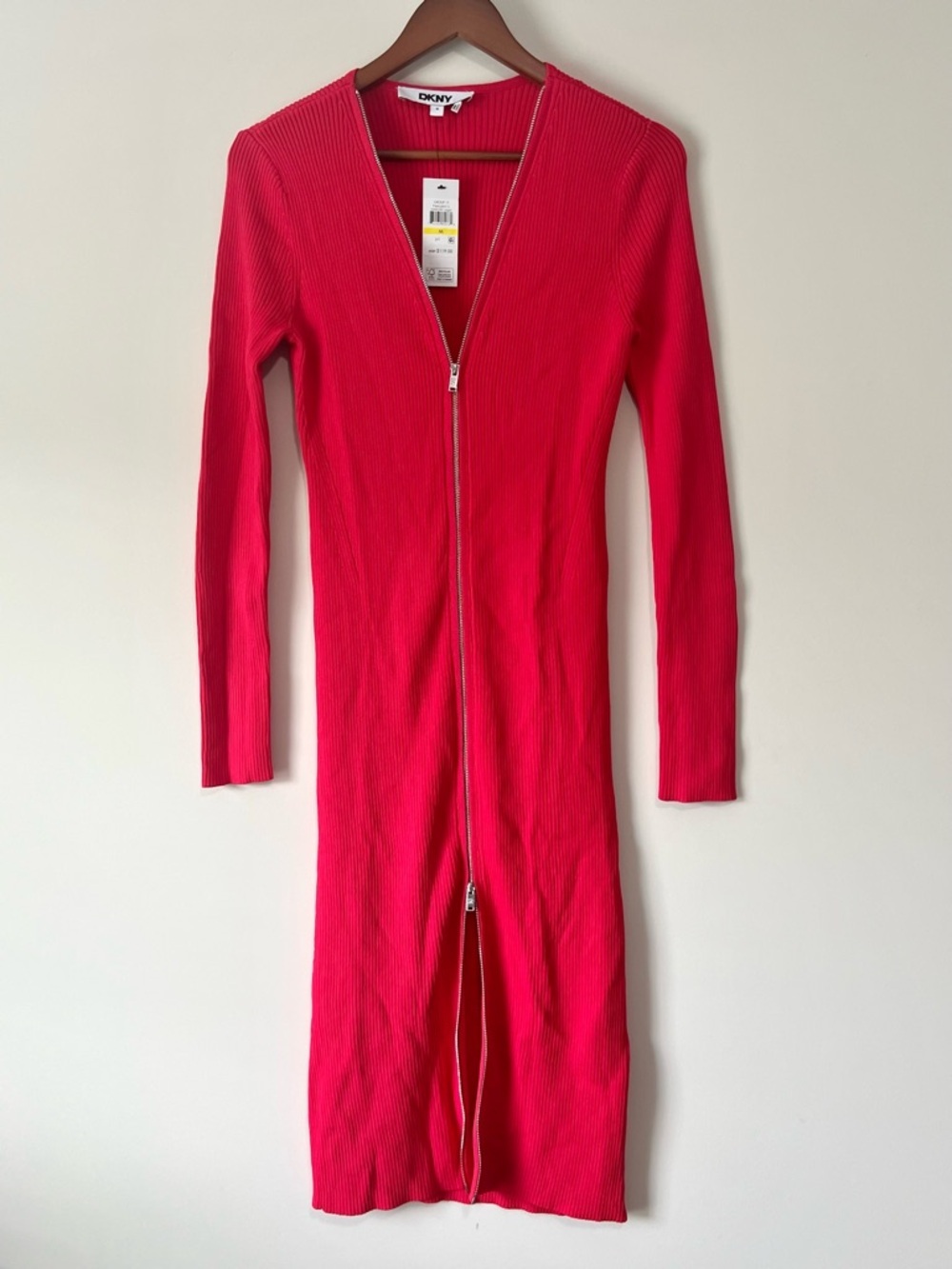 DKNY Red Ribbed Zip-Front Long Sleeve Dress - Picture 3 of 9